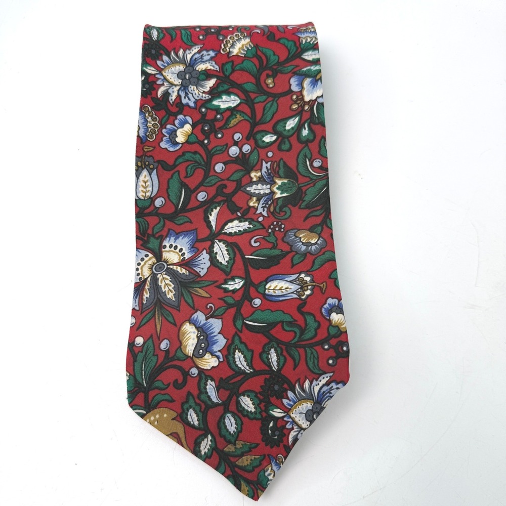 Vintage‎ Essentia Tie Mens OS Rare Whimsical Floral Red Silk Maximalist Eclectic